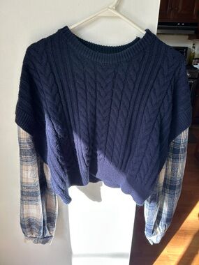 Fashion Nova || Navy Cable-Knit Sweater with Blue Plaid Sleeves